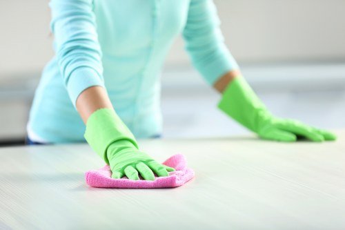 A cleaner maintaining kitchen surfaces during a Barnes regular cleaning visit
