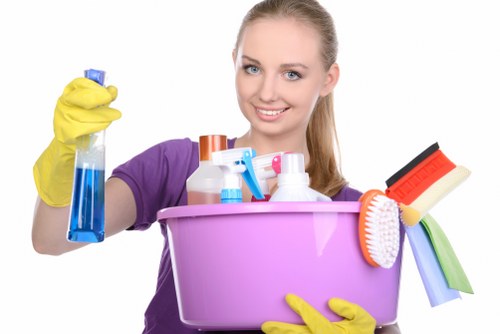 Cleaner wearing gloves and protective equipment during service